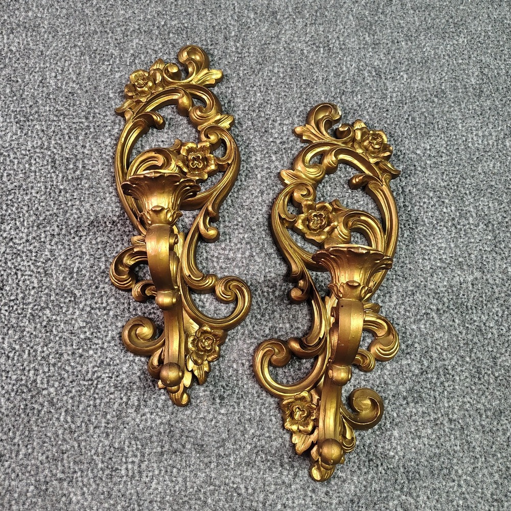 VTG Homco Plastic Ornate Gold Color MCM Wall Sconce Home Decor USA Made Pair 14"